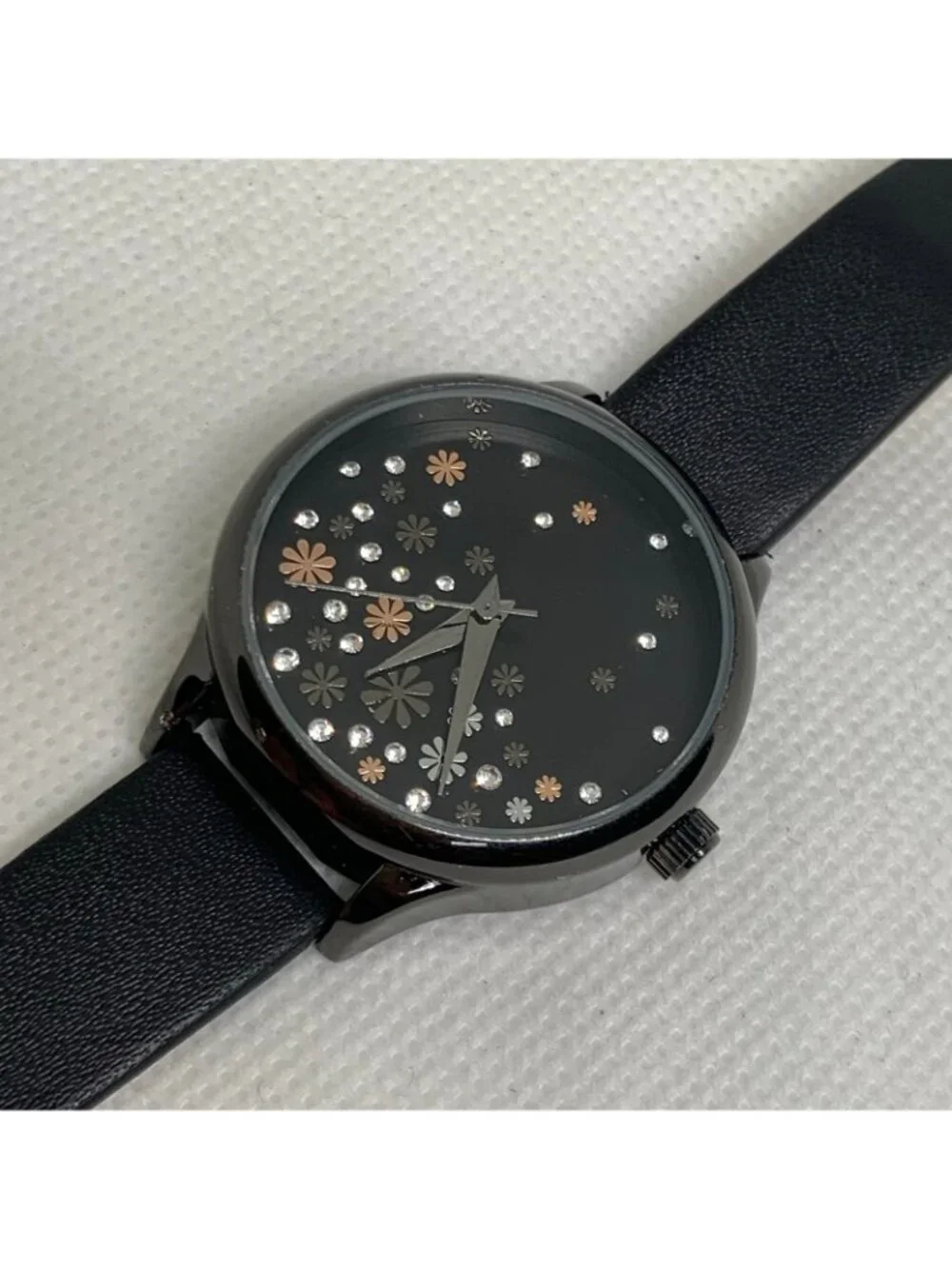 FMD women’s quartz watch black tone 33mm floral dial black leather running